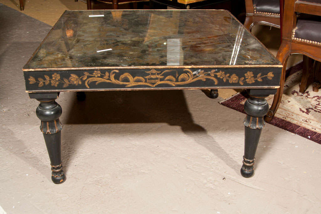 Argentine Chinoiserie Style Coffee Cocktail Table Stamped Jansen Eglomise Glass Hand Paint